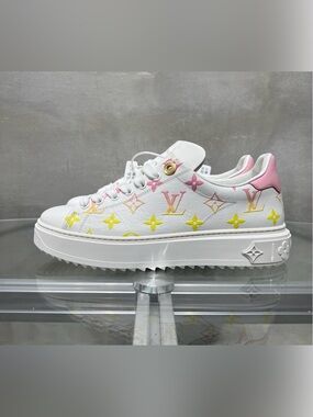 Louis Vuitton White Platform Sneaker with Pink & Yellow Monogram Accents
